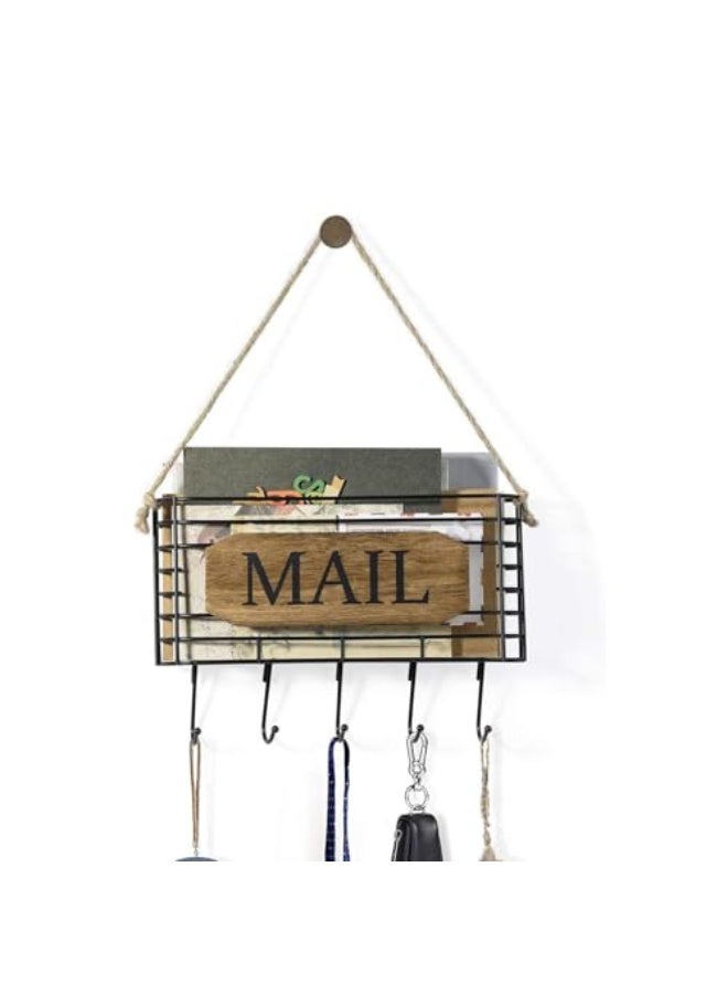 LAMAY Mail Organizer, Rustic Mail Holder, Key Holder for Wall with Hooks, Mail Organizer Wall Mount, Key Holder for Wall with Hooks, Carbonized Black - Image 1