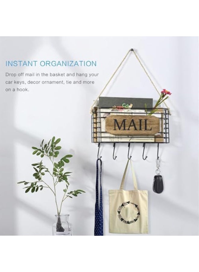 LAMAY Mail Organizer, Rustic Mail Holder, Key Holder for Wall with Hooks, Mail Organizer Wall Mount, Key Holder for Wall with Hooks, Carbonized Black - Image 2