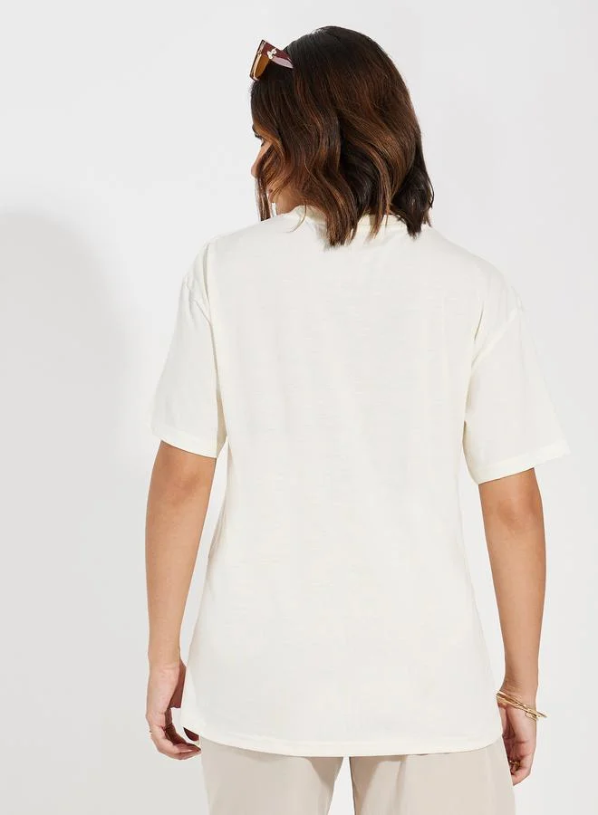 Styli Oversized Stay Inspired Slogan Dropped Shoulder T-Shirt