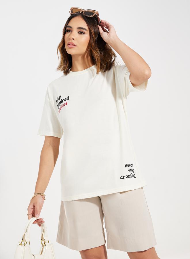 Styli Oversized Stay Inspired Slogan Dropped Shoulder T-Shirt - Image 1