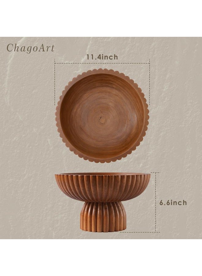 ChagoArt وعاء فواكه خشبي لعداد المطبخ - وعاء زخرفي كبير لتزيين المنزل على طاولة المدخل - وعاء مزخرف ذو حواف متعرجة - ديكور منزلي عضوي حديث - قاعدة مرتفعة (خشب بني) - Image 2