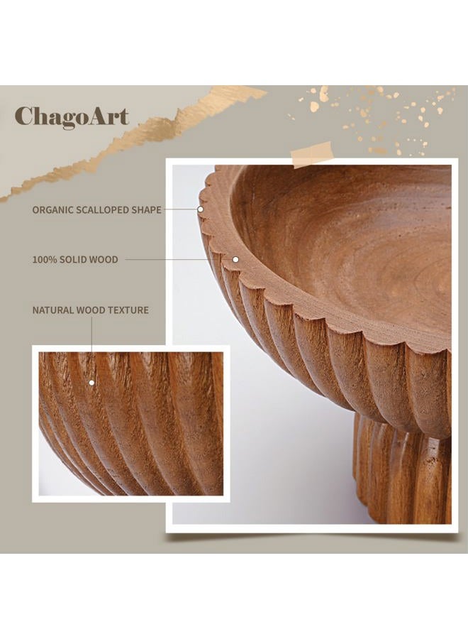 ChagoArt وعاء فواكه خشبي لعداد المطبخ - وعاء زخرفي كبير لتزيين المنزل على طاولة المدخل - وعاء مزخرف ذو حواف متعرجة - ديكور منزلي عضوي حديث - قاعدة مرتفعة (خشب بني) - Image 5