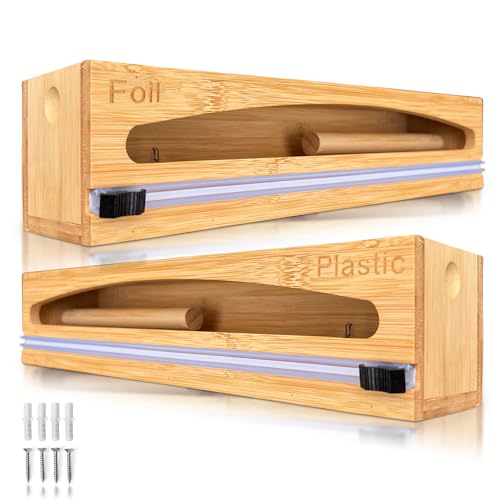 NovaNest Wrap Organizer Dispenser with Cutter 2 Piece Set Fits 12 Rolls Plastic Wrap Aluminum Foil Wax Paper Saran Wrap Cling Wrap Holder for Kitchen Storage Mountable Bamboo - Image 1