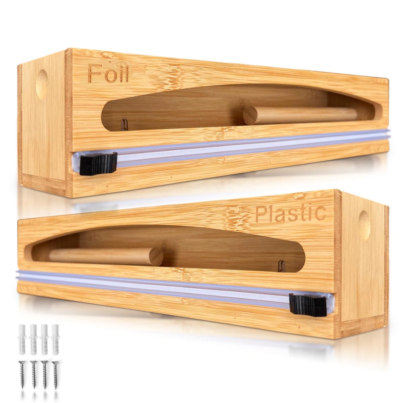 NovaNest Wrap Organizer Dispenser with Cutter 2 Piece Set Fits 12 Rolls Plastic Wrap Aluminum Foil Wax Paper Saran Wrap Cling Wrap Holder for Kitchen Storage Mountable Bamboo - Image 2
