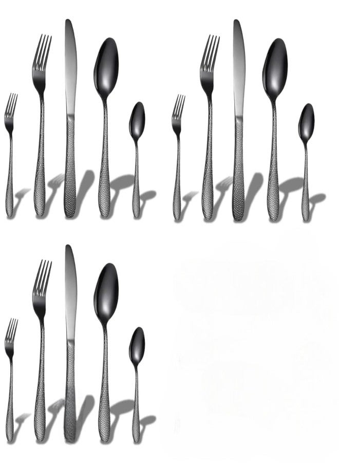 Eletree Stainless Steel Flatware Set | Hammered Handle Cutlery with Salad Forks Dinner Forks Tea Spoons Dinner Spoons and Knives | Dishwasher Safe Tableware for Home and Restaurant (15, Black) - Image 1