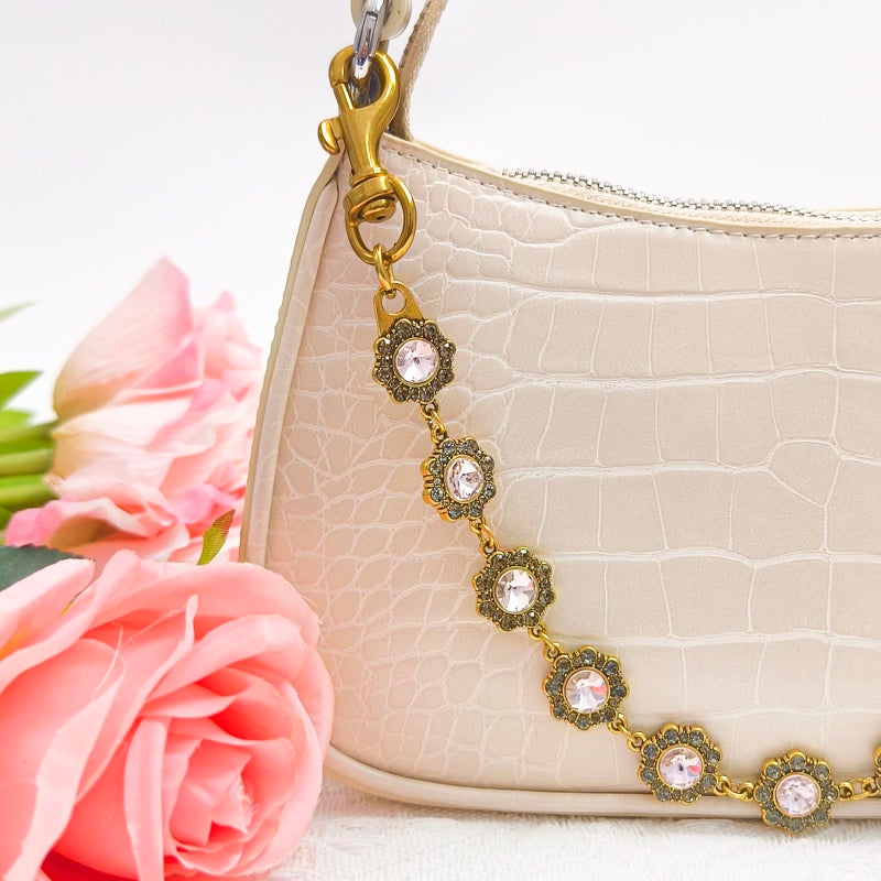 Nalefow Vintage Gold Bag Charms Purse Extender Chain Floral Cute Wallet Keychain Accessories for Women's Handbags Bags &Jeans (Gold Pink Crystal) - Image 5