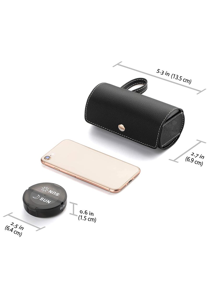 منظم حبوب منع الحمل الأسبوعي مرتين في اليوم، صندوق حبوب دواء دائري محمول للسفر 7 أيام مع مقصورات كبيرة، حقيبة جلدية من البولي يوريثان، حقيبة حبوب سفر محمولة للفيتامينات والأدوية وزيوت السمك (أسود) - Image 3