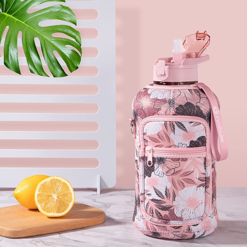 Fimibuke Half Gallon Water Bottle with Sleeve 64 OZ Water Bottle with Handle & Straw Leakproof Motivational Sports Gym Water Bottle with Time Marker Water Jug with Neoprene Holder - Floral Pink - Image 5