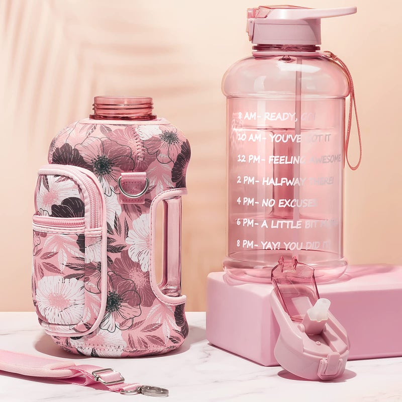 Fimibuke Half Gallon Water Bottle with Sleeve 64 OZ Water Bottle with Handle & Straw Leakproof Motivational Sports Gym Water Bottle with Time Marker Water Jug with Neoprene Holder - Floral Pink - Image 4
