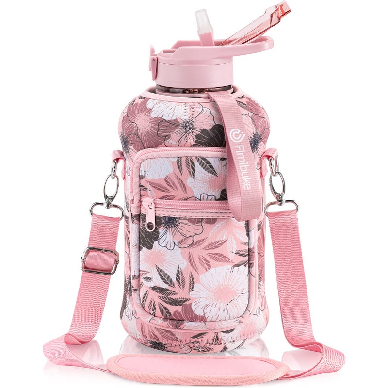 Fimibuke Half Gallon Water Bottle with Sleeve 64 OZ Water Bottle with Handle & Straw Leakproof Motivational Sports Gym Water Bottle with Time Marker Water Jug with Neoprene Holder - Floral Pink - Image 1