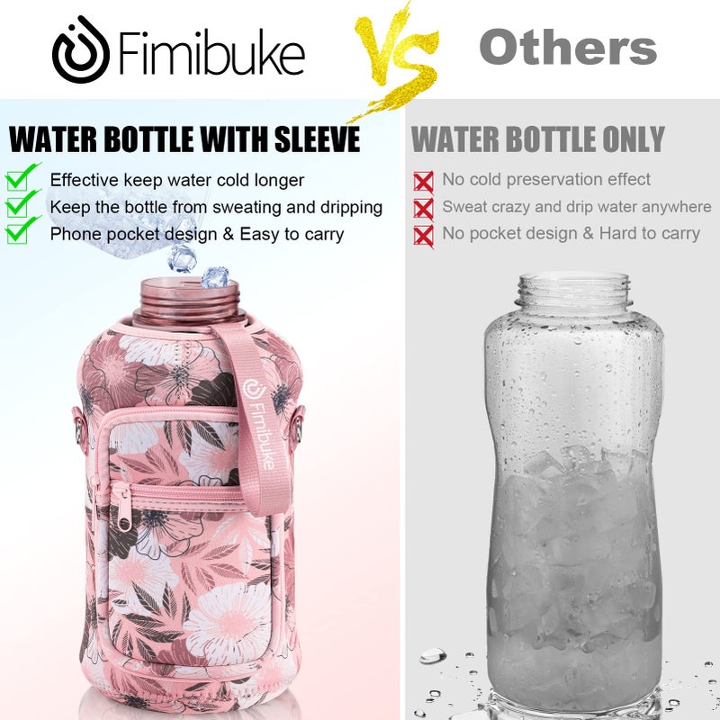 Fimibuke Half Gallon Water Bottle with Sleeve 64 OZ Water Bottle with Handle & Straw Leakproof Motivational Sports Gym Water Bottle with Time Marker Water Jug with Neoprene Holder - Floral Pink - Image 3