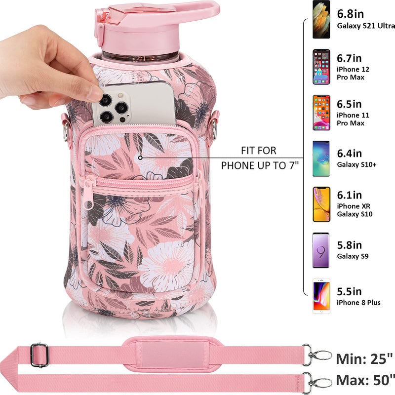 Fimibuke Half Gallon Water Bottle with Sleeve 64 OZ Water Bottle with Handle & Straw Leakproof Motivational Sports Gym Water Bottle with Time Marker Water Jug with Neoprene Holder - Floral Pink - Image 2