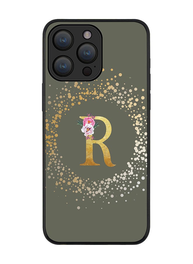 Stylizedd غطاء لجهاز آيفون 15 برو ماكس - أسود متين نحيف مرن واقي مخصص بحرف أولي ونمط زهور - ر (أخضر زيتوني) - Image 1