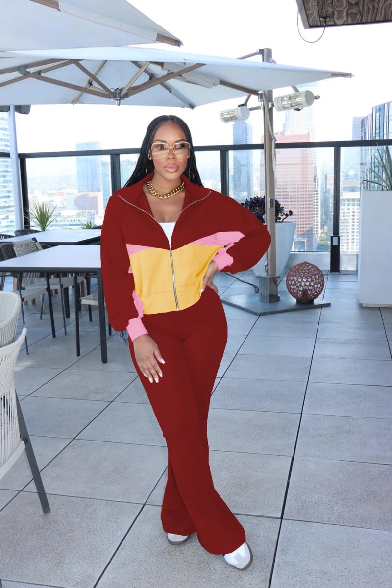 HBQ Women's Color Block 2 Piece Tracksuit Sets Long Sleeve Zip Up Crop Jacket and Flare Pants Casual Y2K Outfit-Burgundy-XXL - Image 2