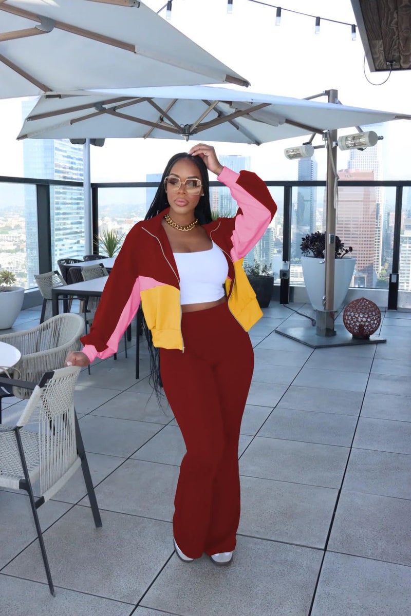 HBQ Women's Color Block 2 Piece Tracksuit Sets Long Sleeve Zip Up Crop Jacket and Flare Pants Casual Y2K Outfit-Burgundy-XXL - Image 5
