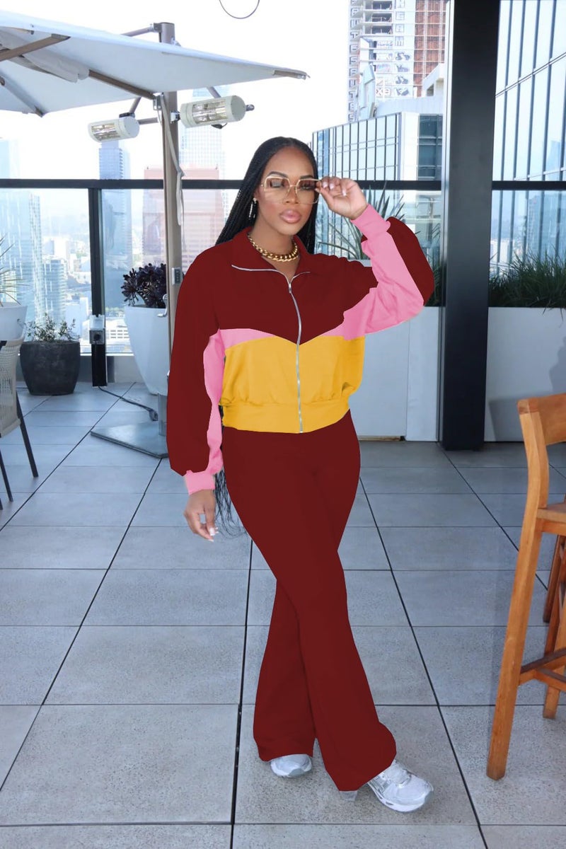 HBQ Women's Color Block 2 Piece Tracksuit Sets Long Sleeve Zip Up Crop Jacket and Flare Pants Casual Y2K Outfit-Burgundy-XXL - Image 3