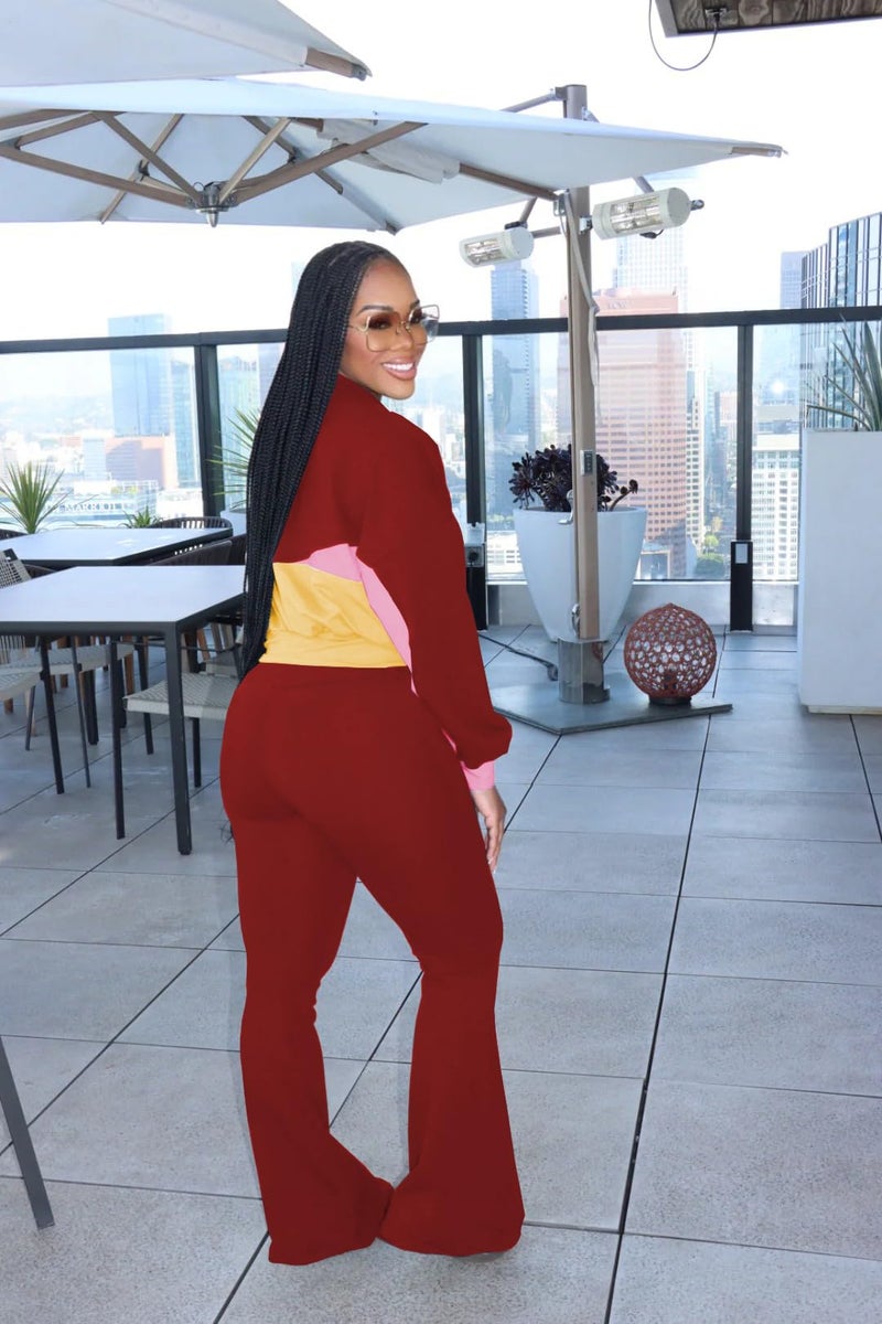 HBQ Women's Color Block 2 Piece Tracksuit Sets Long Sleeve Zip Up Crop Jacket and Flare Pants Casual Y2K Outfit-Burgundy-XXL - Image 4