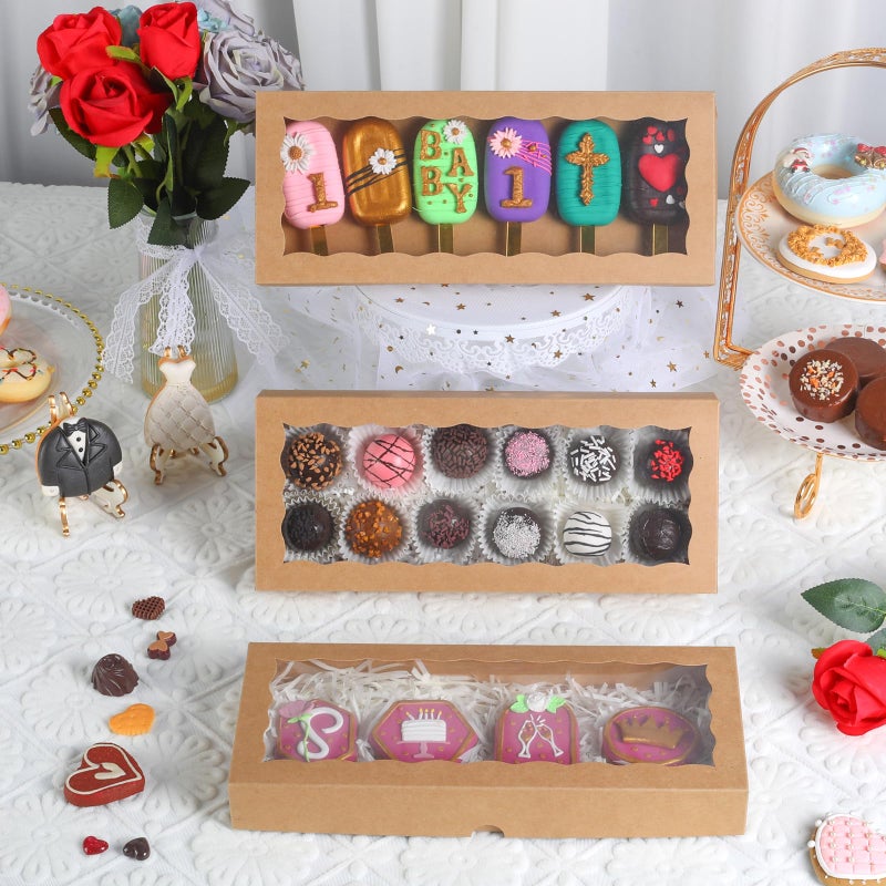 JCXGRVC 50pcs 12x5x1.5Inches Brown Cookies Boxes with Window Bakery Boxes Chocolate Truffle Boxes Macaron Boxes Cakesickle Boxes Browines Treat Boxes for Christmas Valentine's Father's Mother's Day - Image 3