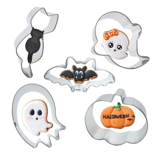 Q-BAKER 5 Pieces Mini Halloween Cookie Cutters, Size 2.2" to 2.6" Small Stainless Steel Molds Ghost, Cat, Bat, Pumpkin Holiday Shapes for Halloween Party Decorations - Image 1