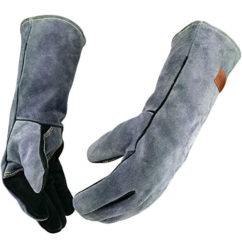 WZQH 16 Inches932Leather Welding Gloves extra Large HeatFire ResistantMitts for BBQOvenGrillFireplaceTigMigForgeBakingFurnaceStovePot HolderAnimal Handling Glove XL Blackgray - Image 1