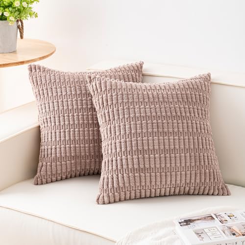 Aegero Pack of 2 Corduroy Decorative Throw Pillow Covers 18x18 InchSoft Striped Pillow Covers Modern Farmhouse Home Decor for Sofa Living Room Couch BedLight Brown - Image 1