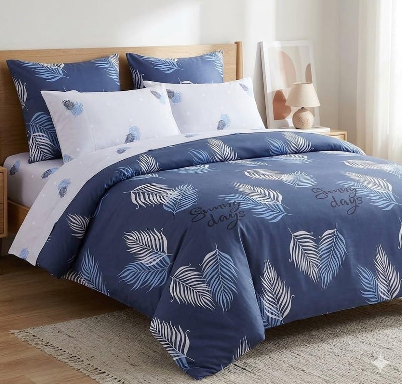 Flat Bed Sheet Set 4 Pieces Cotton Amreya Size 160cm - Floral Shapes Blue - Includes 1 Sheet, 1 Pillow Case and 2 Pillow Cases - Made in Egypt - Image 1