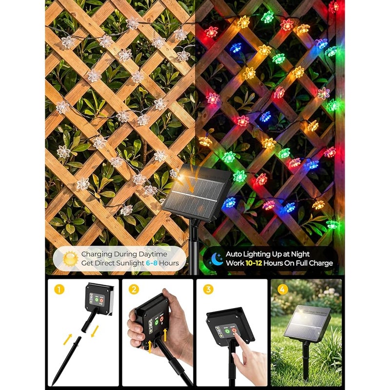 برايتاون Brightown 50 LED Flower Solar String Lights Outdoor Waterproof, Multicolor Solar Powered Fairy Lights with 8 Lighting Modes for Garden Fence Yard Patio Christmas Tree Party Wedding Decor - Image 4