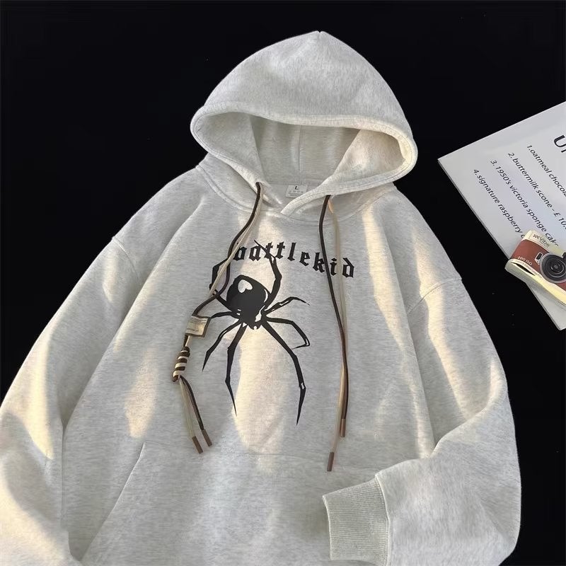 Black Spider Hooded fleece-lined Sweatshirt Mens and Womens Internet Celebrity Fried Street Couple Autumn Clothing Retro All-match National Fashion Top Long Sleeve light gray fleece-lined 