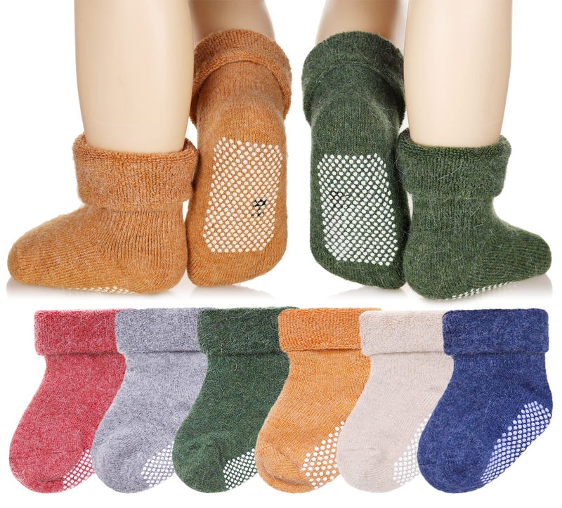 Eyean Baby Wool Grip Sock Soft Winter Warm Thick Non Slip Toddler Boy Girls Crew Socks For Children 6 Pairs (Solid Color, 1-3 Years) - Image 1