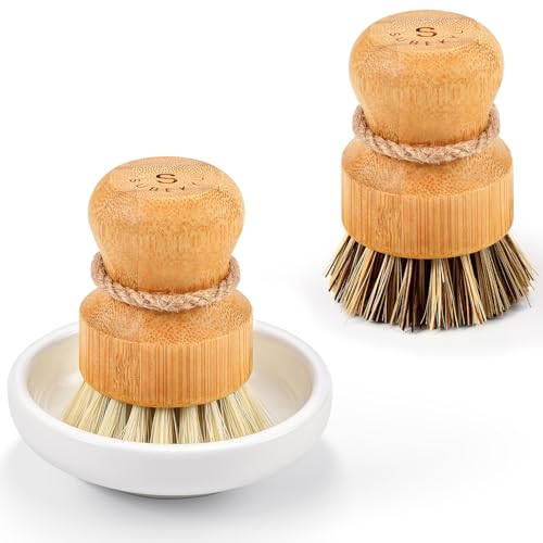 SUBEKYU Bamboo Dish Scrub Brushes, Kitchen Wooden Cleaning Scrubbers Set for Washing Cast Iron Pans/Pots, Set of 2 - Image 1