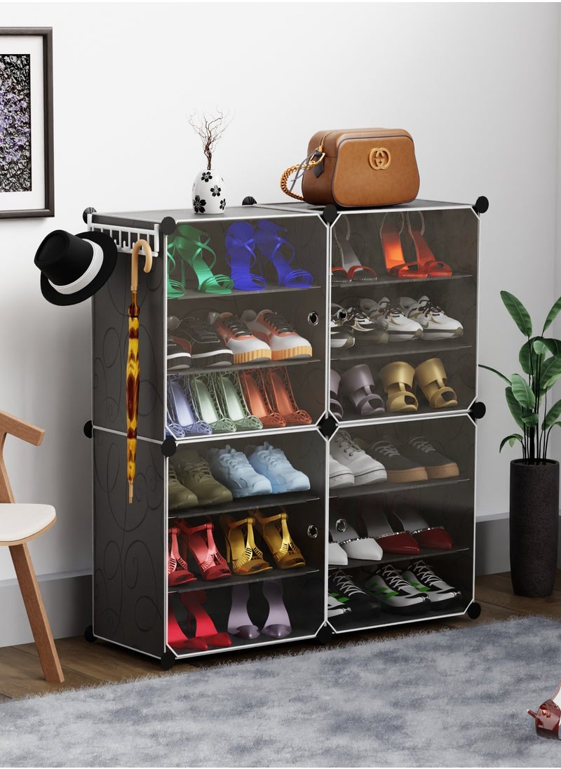 Lovstro Shoe Cabinet, 3 Rows per Box, for Closet and Entryway, 24 Pairs, Convertible with Doors, Shoe Rack, Strong Lightweight, Wardrobe Organizer Storage Box for Clothes (Black, 4 Large Boxes)  - Image 1