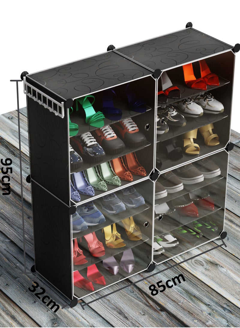 Lovstro Shoe Cabinet, 3 Rows per Box, for Closet and Entryway, 24 Pairs, Convertible with Doors, Shoe Rack, Strong Lightweight, Wardrobe Organizer Storage Box for Clothes (Black, 4 Large Boxes)  - Image 4