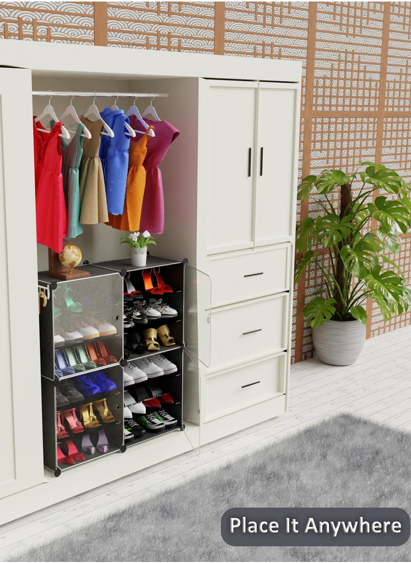 Lovstro Shoe Cabinet, 3 Rows per Box, for Closet and Entryway, 24 Pairs, Convertible with Doors, Shoe Rack, Strong Lightweight, Wardrobe Organizer Storage Box for Clothes (Black, 4 Large Boxes)  - Image 3
