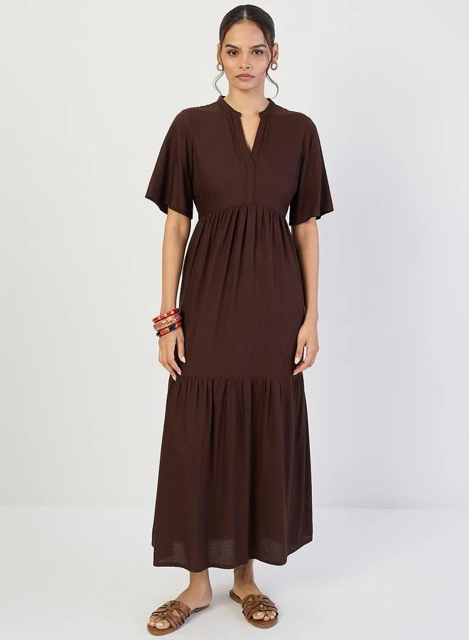 Femmella Coffee Brown Dobby Tiered Maxi Dress