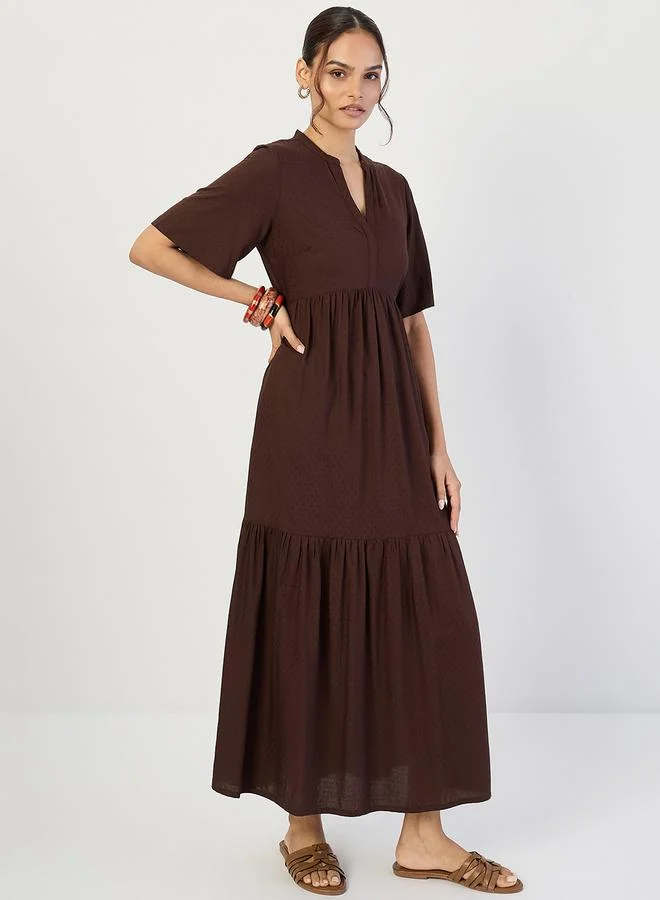 Femmella Coffee Brown Dobby Tiered Maxi Dress