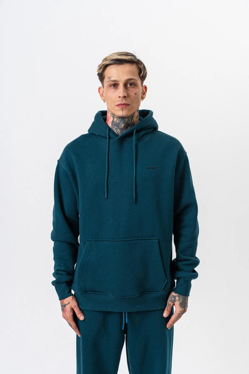 ريسباير هودي رجالي أساسي واسع (Oversize) بغطاء رأس بتفاصيل نص "Respire" لون زمردي