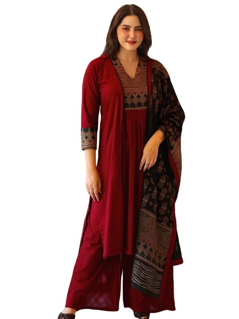 ANNI Designer Women's Rayon Viscose Straight Printed Kurta with Pant & Dupatta (WAFIYA RED_4XL_RED_XXXX-Large) - Image 1