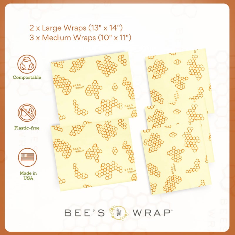 Bee's Wrap Beeswax Wraps for Food - Assorted 5 Pack of Beeswax Wraps - 2 Large & 3 Medium Wrap - Made in USA Reusable Natural Food Wrap - Honeycomb Print - Image 4