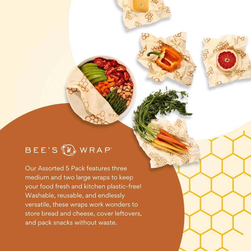 Bee's Wrap Beeswax Wraps for Food - Assorted 5 Pack of Beeswax Wraps - 2 Large & 3 Medium Wrap - Made in USA Reusable Natural Food Wrap - Honeycomb Print - Image 5