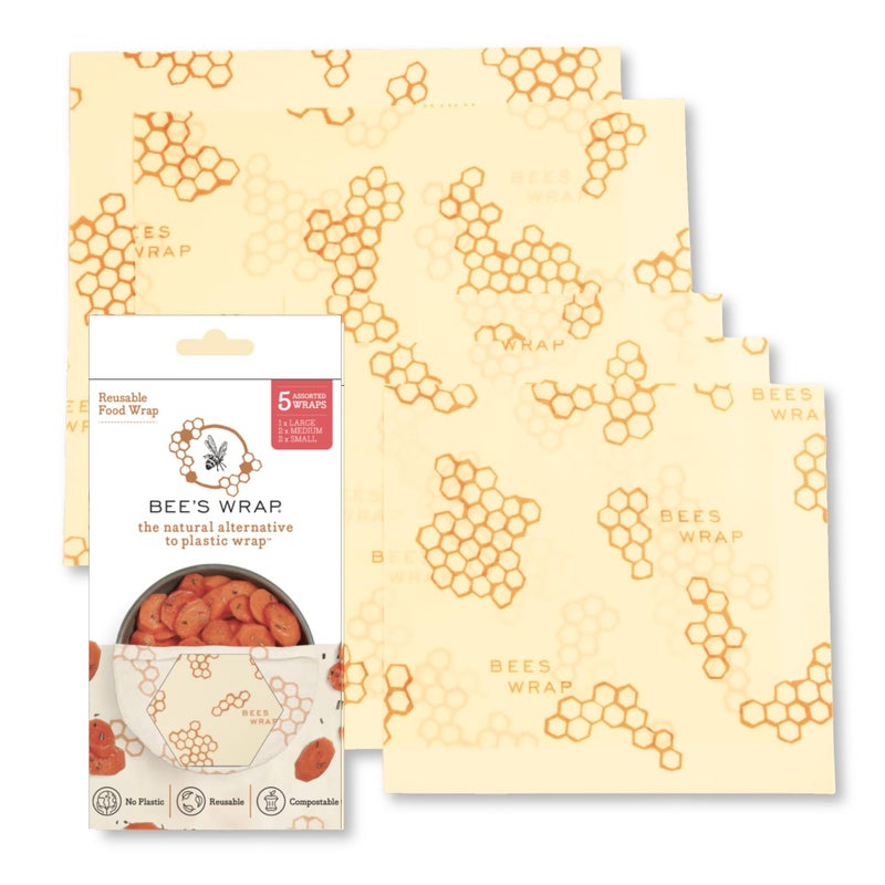 Bee's Wrap Beeswax Wraps for Food - Assorted 5 Pack of Beeswax Wraps - 2 Large & 3 Medium Wrap - Made in USA Reusable Natural Food Wrap - Honeycomb Print - Image 1