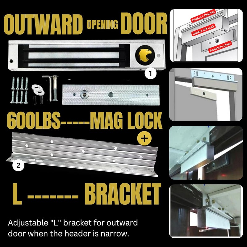 OldArc EM Lock L Bracket for Outward Opening Door Electric Magnetic Lock 600lbs Out Swing Door Installation L mounting Stand 12V DC Access Control EM Lock for Metal Wooden Fire Door Gate - Image 2