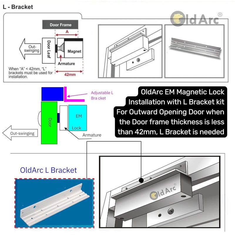 OldArc EM Lock L Bracket for Outward Opening Door Electric Magnetic Lock 600lbs Out Swing Door Installation L mounting Stand 12V DC Access Control EM Lock for Metal Wooden Fire Door Gate - Image 3