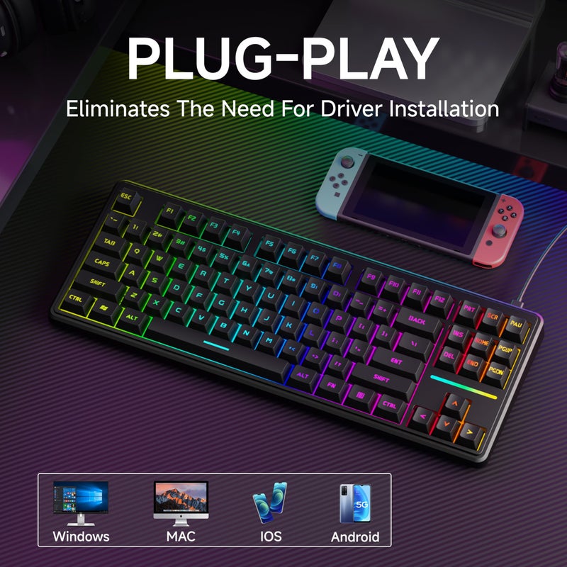 EWEADN V80 Wired TKL RGB Gaming Keyboard, 80% Compact Layout with PBT Keycaps, Whisper Quiet Membrane Switch, 26-Key Anti-Ghosting, Ergonomic Computer Keyboard for Laptop PC Gamer - Black - Image 3