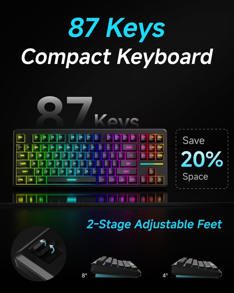 EWEADN V80 Wired TKL RGB Gaming Keyboard, 80% Compact Layout with PBT Keycaps, Whisper Quiet Membrane Switch, 26-Key Anti-Ghosting, Ergonomic Computer Keyboard for Laptop PC Gamer - Black - Image 5