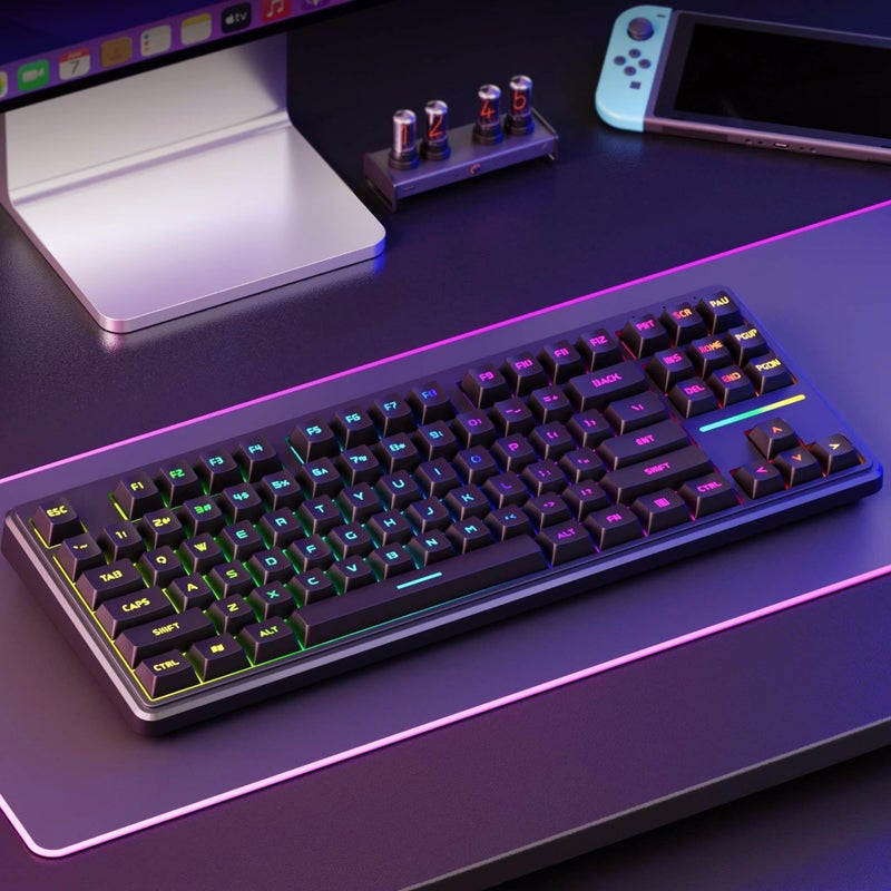 EWEADN V80 Wired TKL RGB Gaming Keyboard, 80% Compact Layout with PBT Keycaps, Whisper Quiet Membrane Switch, 26-Key Anti-Ghosting, Ergonomic Computer Keyboard for Laptop PC Gamer - Black - Image 1