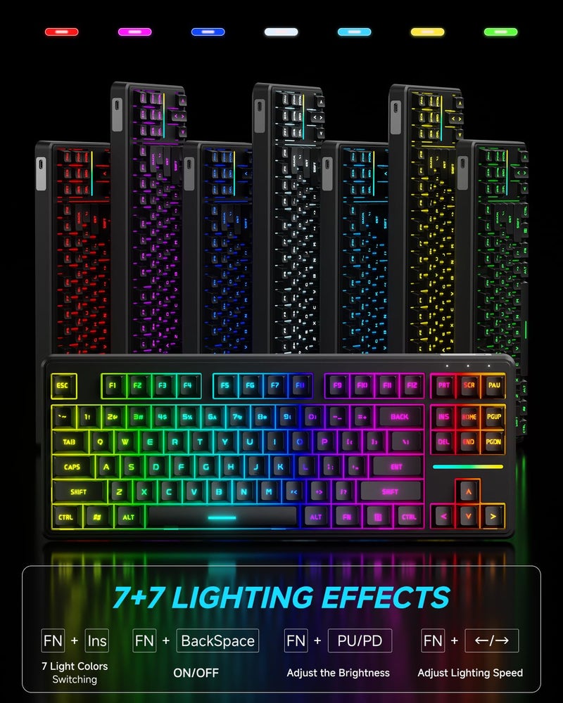 EWEADN V80 Wired TKL RGB Gaming Keyboard, 80% Compact Layout with PBT Keycaps, Whisper Quiet Membrane Switch, 26-Key Anti-Ghosting, Ergonomic Computer Keyboard for Laptop PC Gamer - Black - Image 2