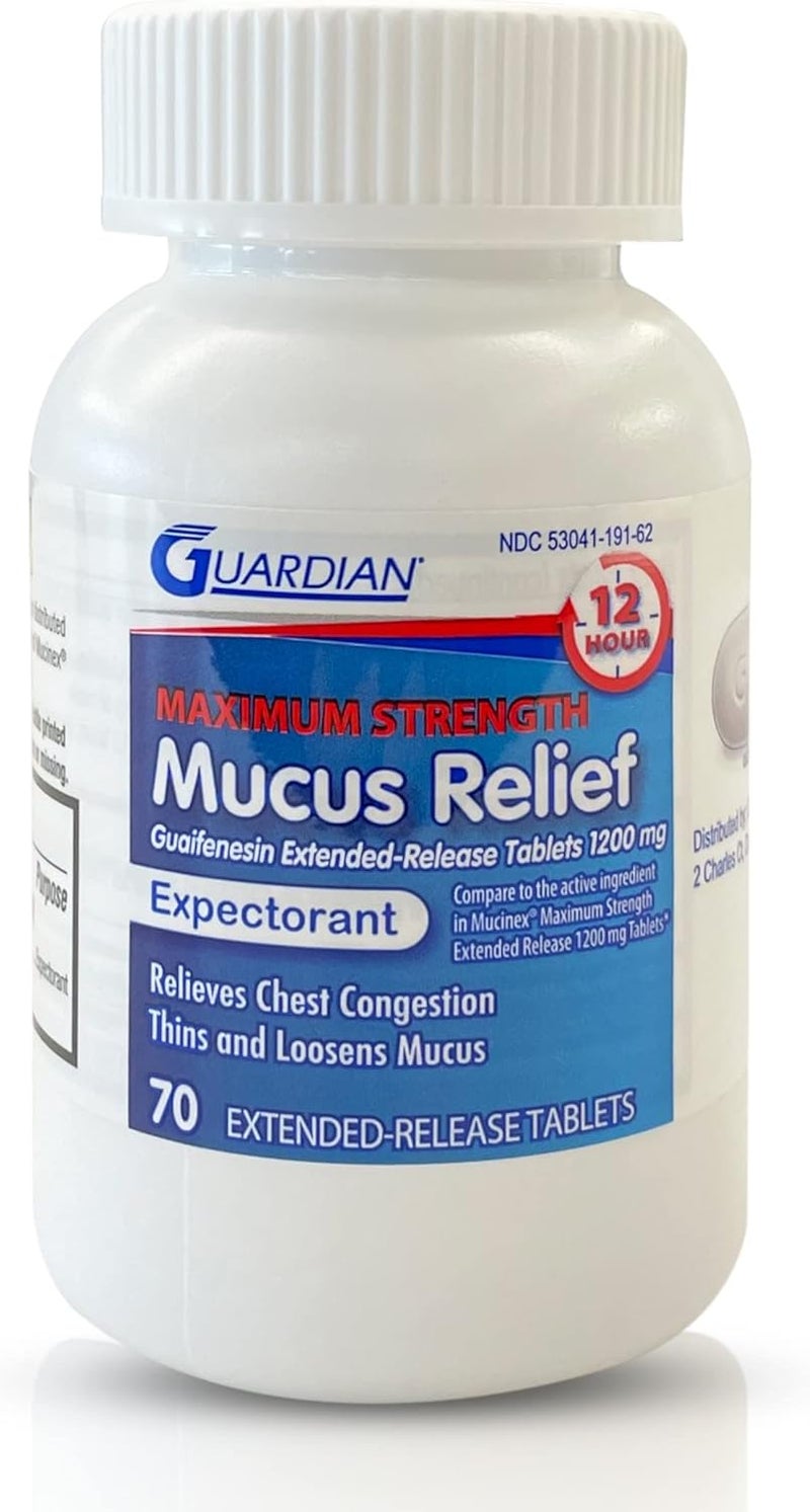 GUARDIAN Guardian Mucus Relief 12 Hour (70 Count) Extended Release Guaifenesin, 1200mg Maximum Strength, Chest Congestion Expectorant Tablets (70 Count Bottle (Pack of 1))