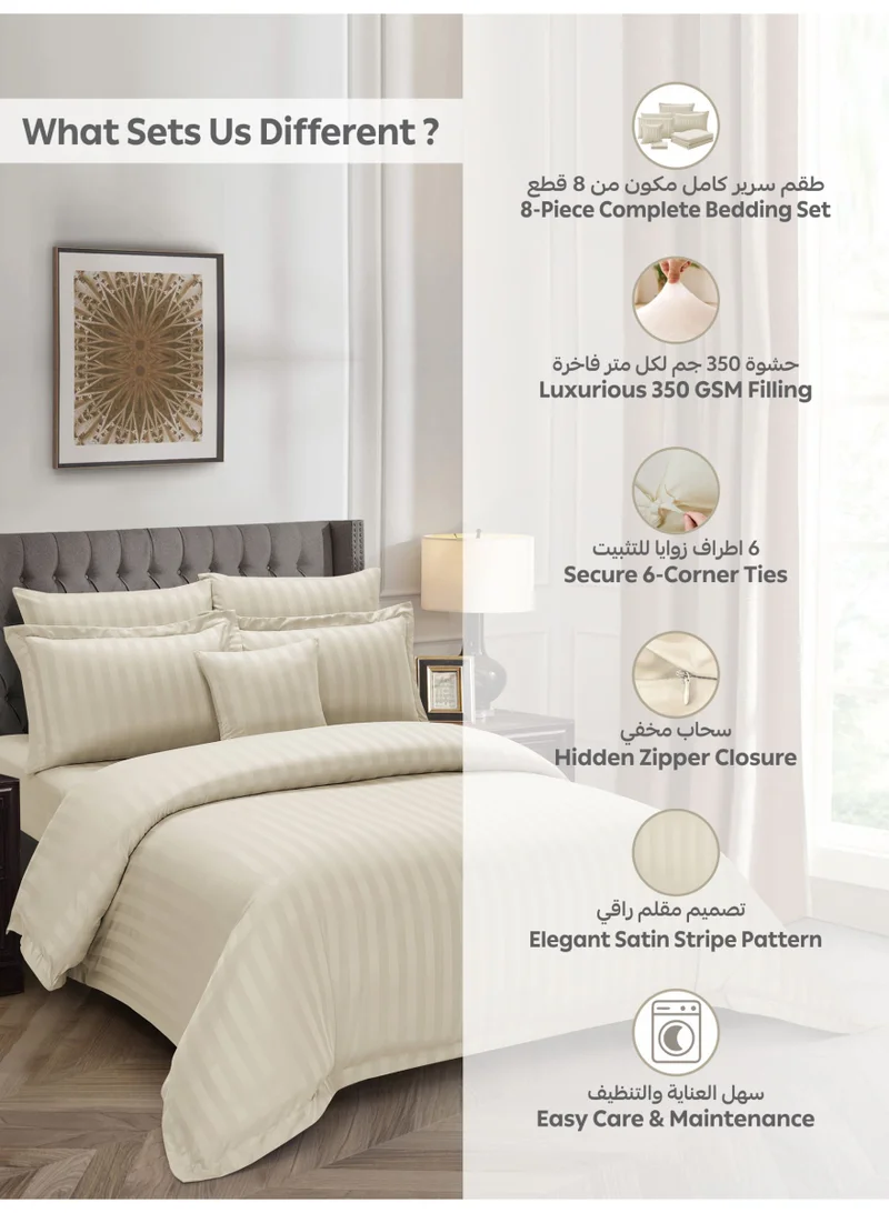 Donetella Striped Comforter Set, King Size Fits 200x200 cm, 8-Piece Hotel Bedding with 350 GSM Filling – Comforter, Comforter Cover, Fitted Sheet, Pillowcases &amp; Cushion Cover