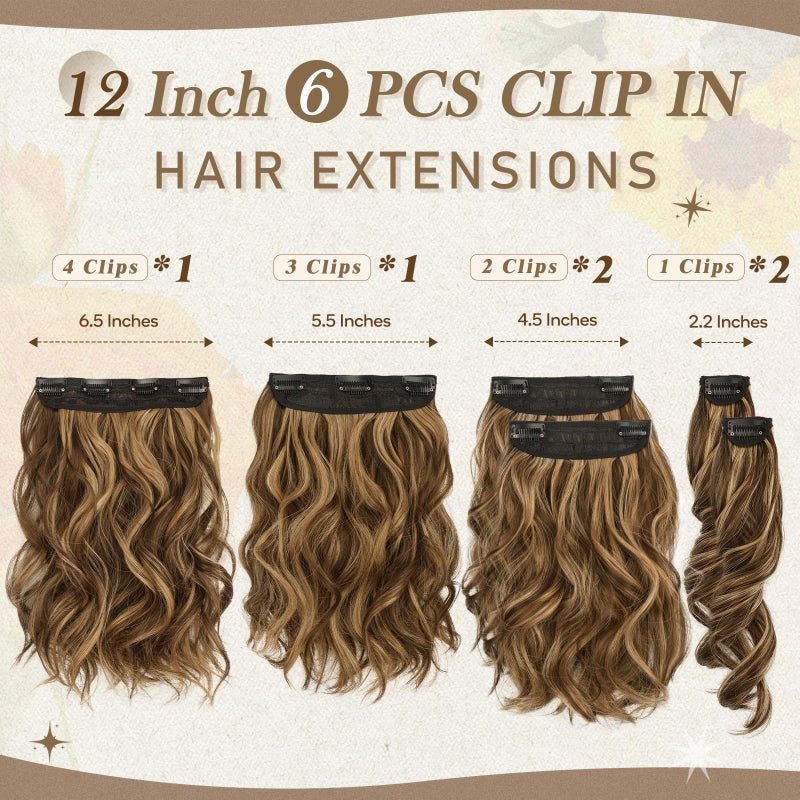 BARSDAR Short Wavy Clip in Hair Extensions - 12 Inch Highlight Hair Extensions Clip in for Women - 6PCs Thick Soft Synthetic Clip-ins Hairpieces Daily - Brown with Honey Blonde - Image 2