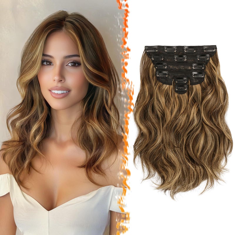 BARSDAR Short Wavy Clip in Hair Extensions - 12 Inch Highlight Hair Extensions Clip in for Women - 6PCs Thick Soft Synthetic Clip-ins Hairpieces Daily - Brown with Honey Blonde - Image 1